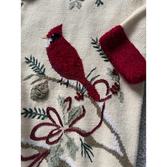 Storybook Knits Women's Cream Cardinal Embroidered Cardigan Sweater 1X - Picture 3 of 8